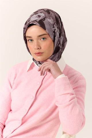İnce Pamuk Soft Eşarp Pastel Mor-Siyah Desenli Kolay Şekil Alan 90X90