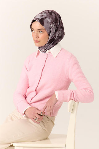 İnce Pamuk Soft Eşarp Pastel Mor-Siyah Desenli Kolay Şekil Alan 90X90