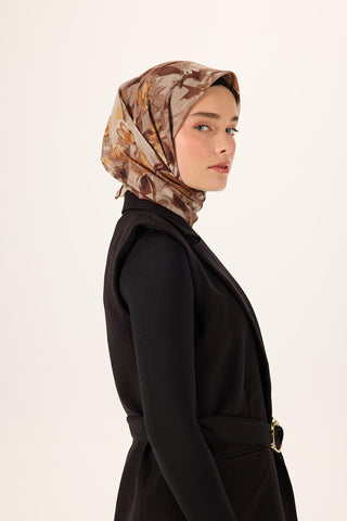 Pamuklu Soft Eşarp Acı Kahve-Siyah-Taba-Vizon Desenli Kaymaz Dokulu 90X90