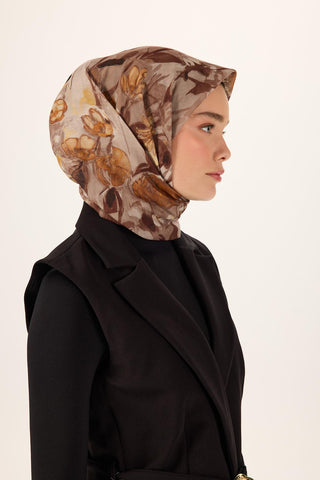 Pamuklu Soft Eşarp Acı Kahve-Siyah-Taba-Vizon Desenli Kaymaz Dokulu 90X90