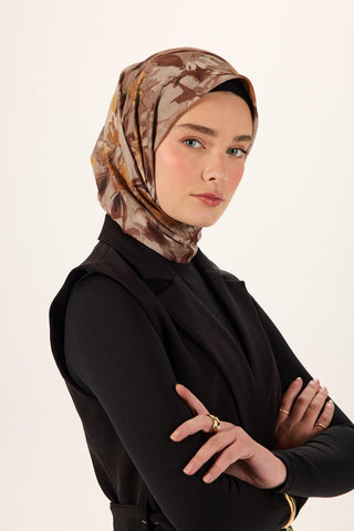 Pamuklu Soft Eşarp Acı Kahve-Siyah-Taba-Vizon Desenli Kaymaz Dokulu 90X90