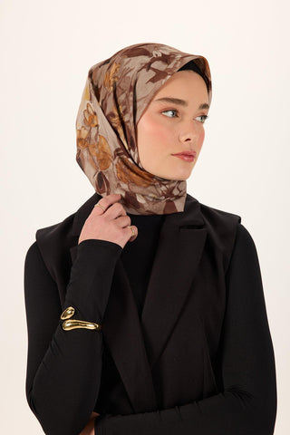 Pamuklu Soft Eşarp Acı Kahve-Siyah-Taba-Vizon Desenli Kaymaz Dokulu 90X90