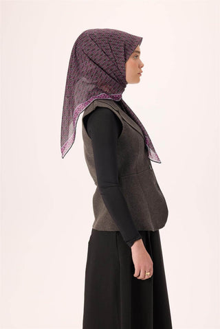 İnce Pamuk Soft Eşarp Siyah-Erguvan Gri Desenli Kaymaz Dokulu Nefes Alan 90X90 - Soft Eşarp - | Silk Home