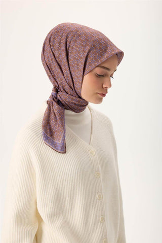 İnce Pamuk Soft Eşarp Violet-Kahverengi Vizon Desenli Kaymaz Dokulu Nefes Alan 90X90 - Soft Eşarp - | Silk Home