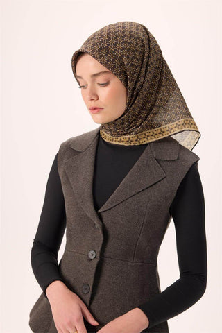 İnce Pamuk Soft Eşarp Siyah-Saman Bej Desenli Kaymaz Dokulu Nefes Alan 90X90 - Soft Eşarp - | Silk Home