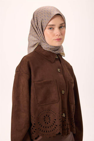 İnce Pamuk Soft Eşarp Pastel Mor-Hardal Vizon Desenli Kaymaz Dokulu Nefes Alan 90X90 - Soft Eşarp - | Silk Home