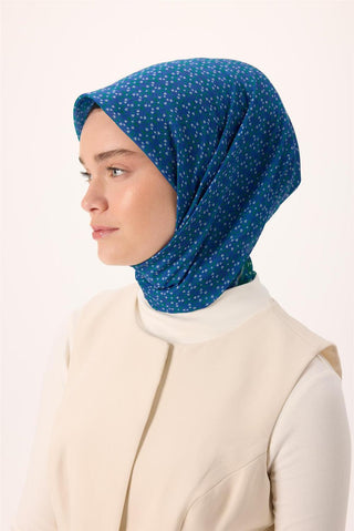 İnce Pamuk Soft Eşarp Mavi-Patina Desenli Tok Duruşlu Kaymaz 90X90