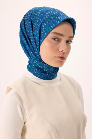 İnce Pamuk Soft Eşarp Mavi-Patina Desenli Tok Duruşlu Kaymaz 90X90