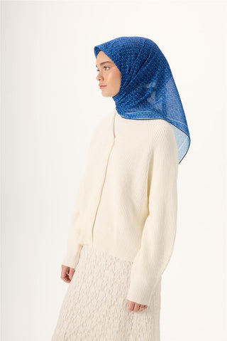 İnce Pamuk Soft Eşarp Mavi-Lacivert Desenli Tok Duruşlu Kaymaz 90X90