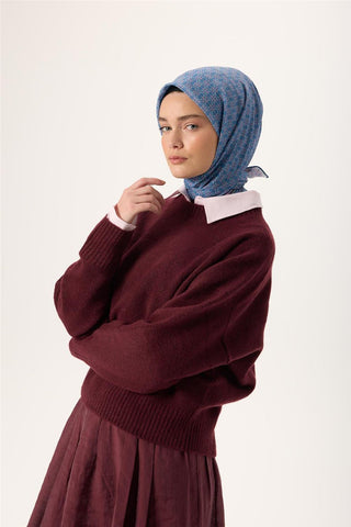 İnce Pamuk Soft Eşarp Bebe Mavisi-Gümüş Desenli Tok Duruşlu Kaymaz 90X90