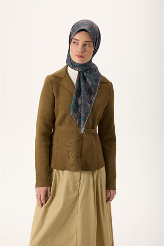 İnce Pamuk Soft Eşarp Gri-Patina Yeşili Desenli Tok Duruşlu Kaymaz 90X90 - Soft Eşarp - | Silk Home