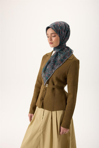 İnce Pamuk Soft Eşarp Gri-Patina Yeşili Desenli Tok Duruşlu Kaymaz 90X90 - Soft Eşarp - | Silk Home