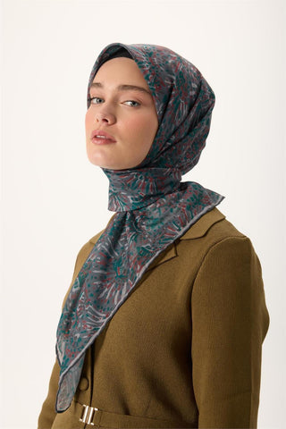 İnce Pamuk Soft Eşarp Gri-Patina Yeşili Desenli Tok Duruşlu Kaymaz 90X90