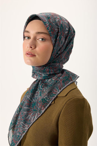 İnce Pamuk Soft Eşarp Gri-Patina Yeşili Desenli Tok Duruşlu Kaymaz 90X90