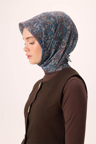 İnce Pamuk Soft Eşarp Gri-Mavi Desenli Tok Duruşlu Kaymaz 90X90