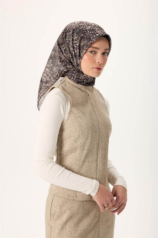 İnce Pamuk Soft Eşarp Siyah-Vizon Desenli Tok Duruşlu Kaymaz 90X90 | Silk Home