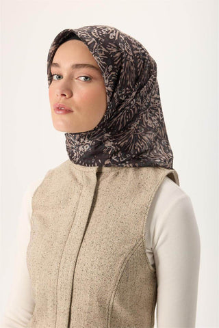 İnce Pamuk Soft Eşarp Siyah-Vizon Desenli Tok Duruşlu Kaymaz 90X90 | Silk Home