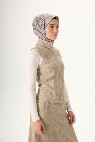 İnce Pamuk Soft Eşarp Açık Vizon-Antrasit Desenli Tok Duruşlu Kaymaz 90X90