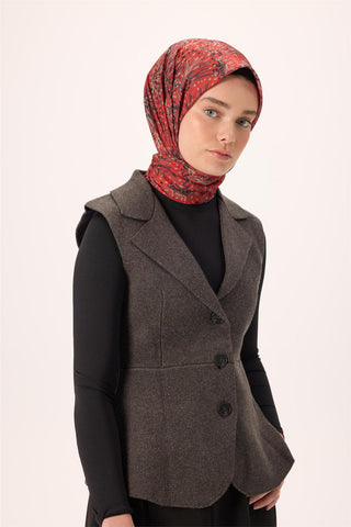 İnce Pamuk Soft Eşarp Kırmızı-Antrasit Desenli Kaymaz Dokulu Tok Duruşlu 90X90 - Soft Eşarp - | Silk Home