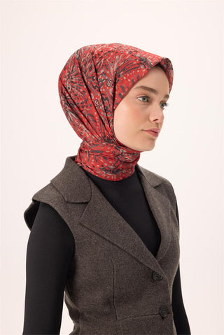 İnce Pamuk Soft Eşarp Kırmızı-Antrasit Desenli Kaymaz Dokulu Tok Duruşlu 90X90 - Soft Eşarp - | Silk Home