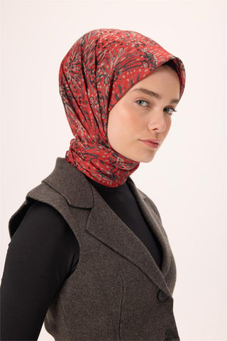 İnce Pamuk Soft Eşarp Kırmızı-Antrasit Desenli Kaymaz Dokulu Tok Duruşlu 90X90