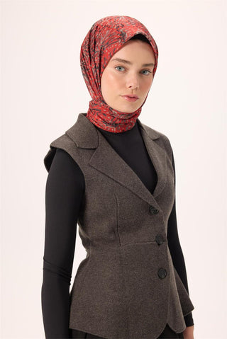 İnce Pamuk Soft Eşarp Kırmızı-Antrasit Desenli Kaymaz Dokulu Tok Duruşlu 90X90