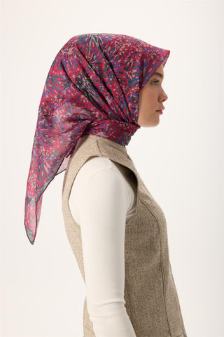 İnce Pamuk Soft Eşarp Fuşya-Patina Yeşili Desenli Kaymaz Dokulu Tok Duruşlu 90X90 - Soft Eşarp - | Silk Home