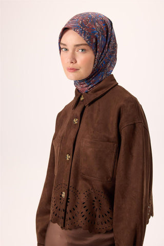 İnce Pamuk Soft Eşarp Kahverengi-Saks Desenli Kaymaz Dokulu Tok Duruşlu 90X90