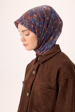 İnce Pamuk Soft Eşarp Kahverengi-Saks Desenli Kaymaz Dokulu Tok Duruşlu 90X90