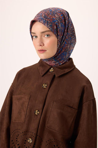 İnce Pamuk Soft Eşarp Kahverengi-Saks Desenli Kaymaz Dokulu Tok Duruşlu 90X90