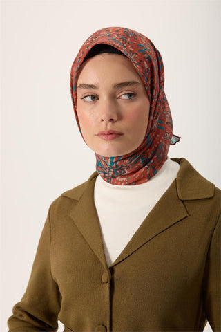İnce Pamuk Soft Eşarp Koyu Turuncu-Turkuaz Desenli Kaymaz Dokulu Tok Duruşlu 90X90 - Soft Eşarp - | Silk Home