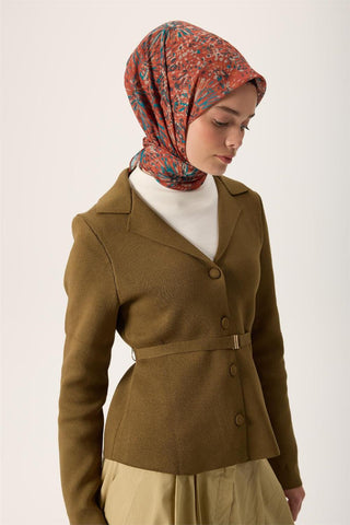 İnce Pamuk Soft Eşarp Koyu Turuncu-Turkuaz Desenli Kaymaz Dokulu Tok Duruşlu 90X90 - Soft Eşarp - | Silk Home