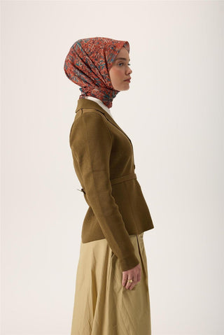 İnce Pamuk Soft Eşarp Koyu Turuncu-Turkuaz Desenli Kaymaz Dokulu Tok Duruşlu 90X90 - Soft Eşarp - | Silk Home