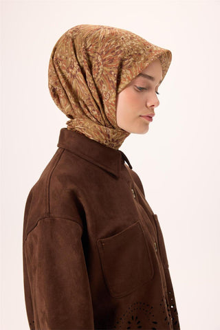 İnce Pamuk Soft Eşarp Zeytuni-Kahverengi Desenli Kaymaz Dokulu Tok Duruşlu 90X90 - Soft Eşarp - | Silk Home