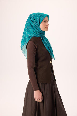 İnce Pamuk Soft Eşarp Gök Mavi-Koyu Mavi Desenli Kaymaz Dokulu Tok Duruşlu 90X90 - Soft Eşarp - | Silk Home