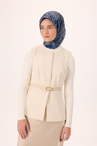 İnce Pamuk Soft Eşarp Lacivert-Vizon Desenli Kaymaz Dokulu Tok Duruşlu 90X90