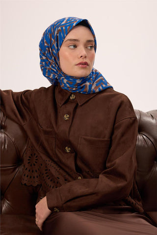 İnce Pamuk Soft Eşarp Vizon Saks Desenli Nefes Alan 90X90 - Soft Eşarp - | Silk Home