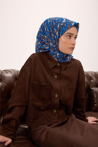 İnce Pamuk Soft Eşarp Vizon Saks Desenli Nefes Alan 90X90 - Soft Eşarp - | Silk Home
