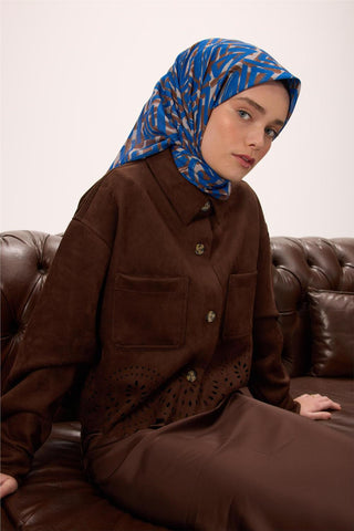 İnce Pamuk Soft Eşarp Vizon Saks Desenli Nefes Alan 90X90