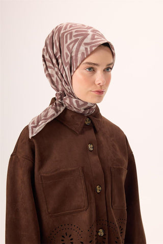İnce Pamuk Soft Eşarp Krem-Vizon Kahverengi Desenli Nefes Alan Tok Duruşlu 90X90