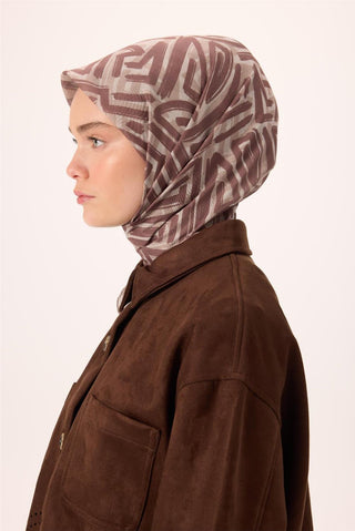 İnce Pamuk Soft Eşarp Krem-Vizon Kahverengi Desenli Nefes Alan Tok Duruşlu 90X90