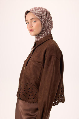 İnce Pamuk Soft Eşarp Krem-Vizon Kahverengi Desenli Nefes Alan Tok Duruşlu 90X90