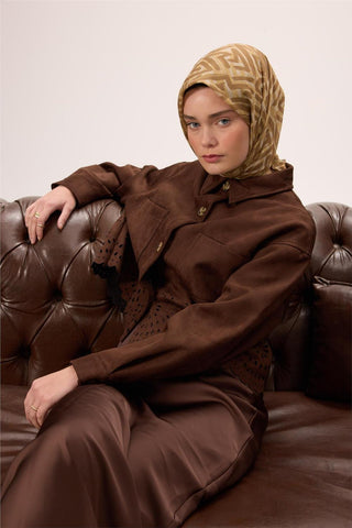 İnce Pamuk Soft Eşarp Krem-Çinko Sarısı Kahverengi Desenli Nefes Alan Tok Duruşlu 90X90 - Soft Eşarp - | Silk Home