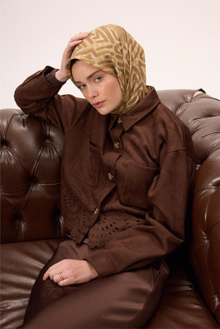 İnce Pamuk Soft Eşarp Krem-Çinko Sarısı Kahverengi Desenli Nefes Alan Tok Duruşlu 90X90 - Soft Eşarp - | Silk Home
