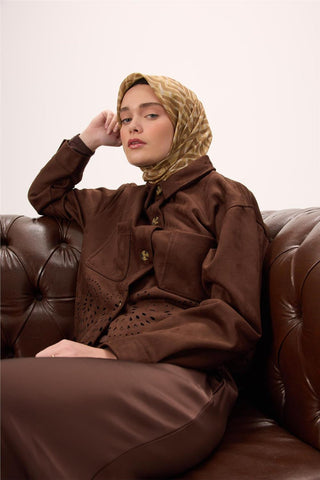 İnce Pamuk Soft Eşarp Krem-Çinko Sarısı Kahverengi Desenli Nefes Alan Tok Duruşlu 90X90 - Soft Eşarp - | Silk Home