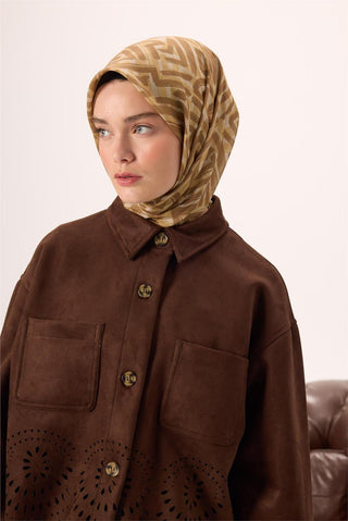 İnce Pamuk Soft Eşarp Krem-Çinko Sarısı Kahverengi Desenli Nefes Alan Tok
                Duruşlu 90X90