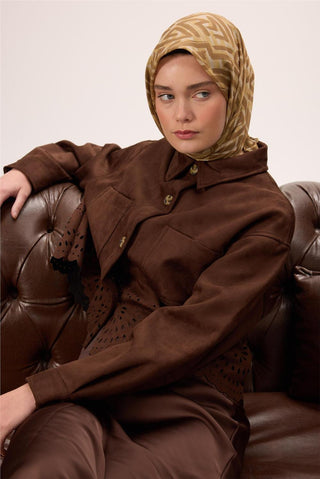 İnce Pamuk Soft Eşarp Krem-Çinko Sarısı Kahverengi Desenli Nefes Alan Tok
                Duruşlu 90X90