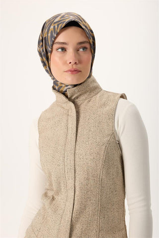 İnce Pamuk Soft Eşarp Krem-Antrasit Çinko Sarısı Desenli Nefes Alan Tok Duruşlu 90X90