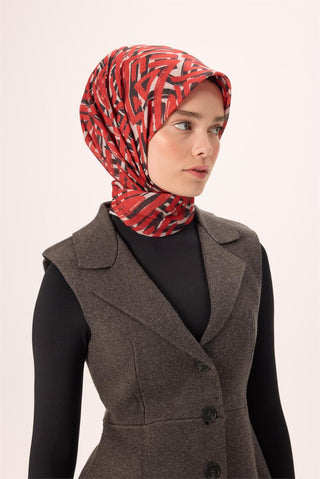 İnce Pamuk Soft Eşarp Krem Kırmızı Siyah Desenli Nefes Alan 90X90 - Soft Eşarp - | Silk Home