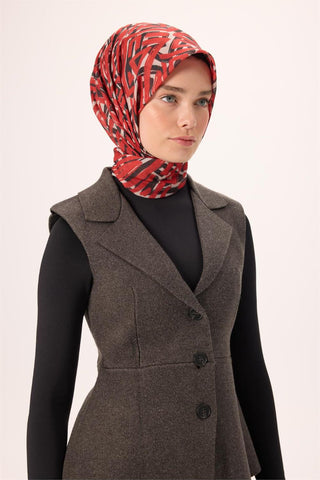 İnce Pamuk Soft Eşarp Krem Kırmızı Siyah Desenli Nefes Alan 90X90
